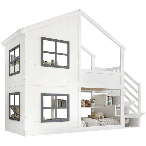 Beliche 90x200 cm - com janela e teto, escada com armário, madeira resistente - Branco+cinza Beliche 90x200 cm - com janela e teto, escada com armário, madeira resistente - Branco+cinza
