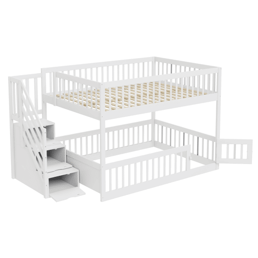 Cama beliche 140x200 - cama individual de madeira com escada de segurança e gavetas de arrumação - branco