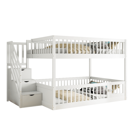 Cama beliche 140x200 - cama individual de madeira com escada de segurança e gavetas de arrumação - branco