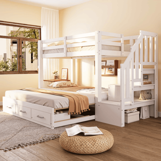 Beliche 90180x200 cm - com escada com gavetas, cama extensível, cama juvenil, estrado de madeira - branco