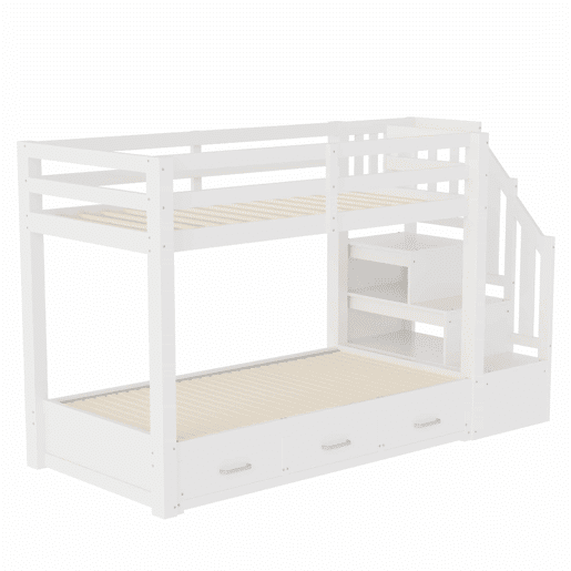 Beliche 90180x200 cm - com escada com gavetas, cama extensível, cama juvenil, estrado de madeira - branco
