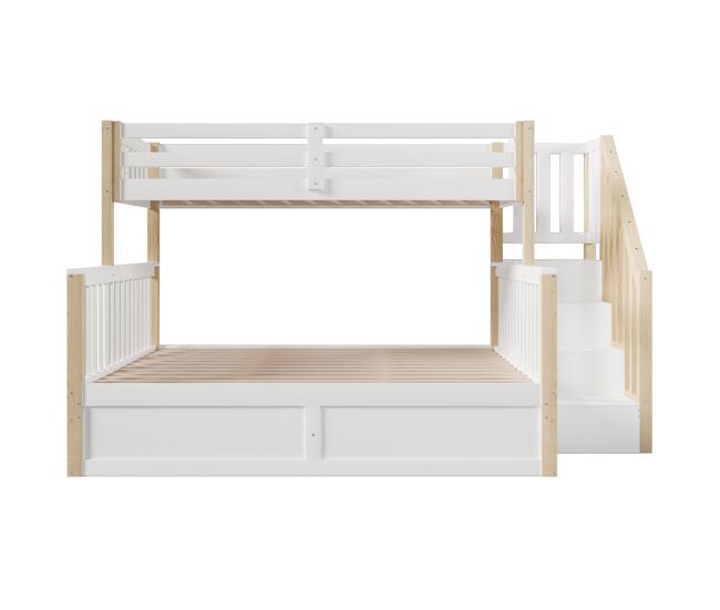 Litera 90x200+140x200 - hidráulica con escalera y almacenaje - blanco/natural