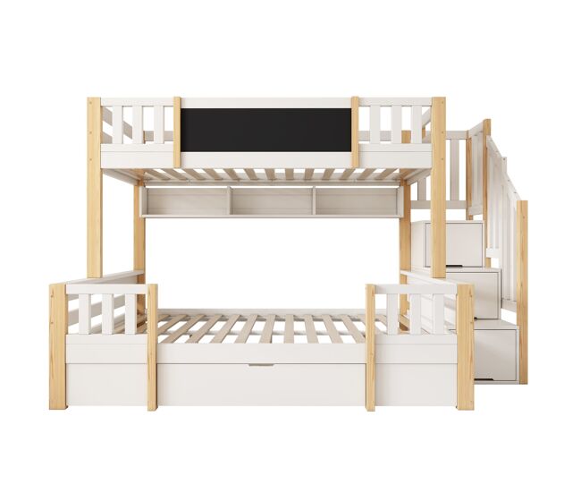 Litera triple 90x200 & 140x200 - madera maciza, pizarra, escalera con almacenamiento, cajones - blanco/natural