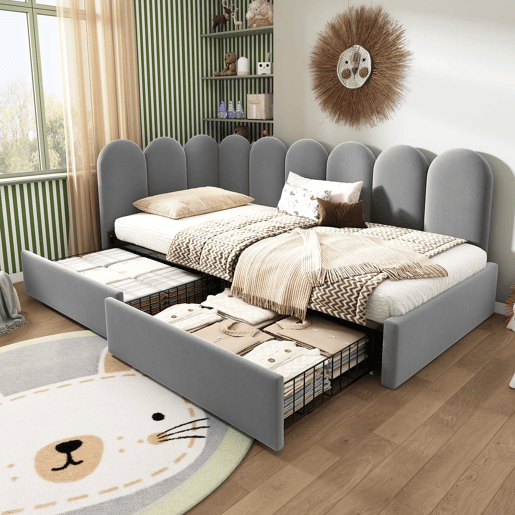 Cama individual 90x200 - com gavetas, estofada, sofá-cama, juvenil e adulto - Cinza