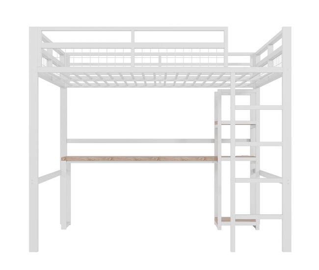 Cama alta 140x200cm - estructura de metal, varios estantes, escritorio con enchufe y usb tipo c, barandilla, escalera - blanco