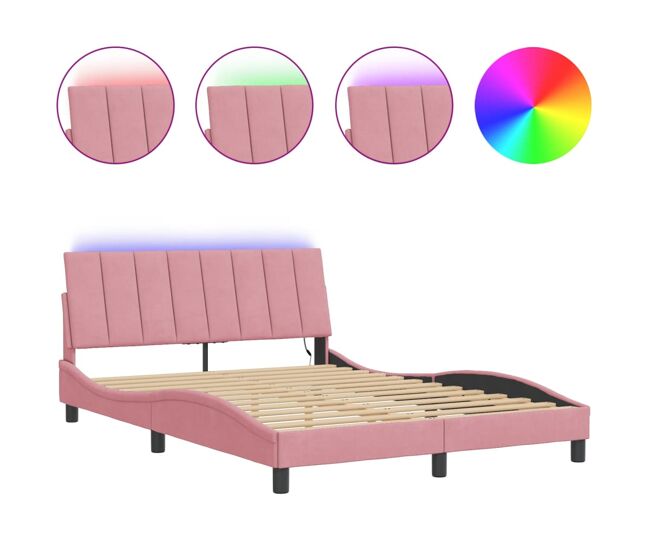 Estructura de cama doble matrimonial con led - terciopelo rosa 140x200 cm