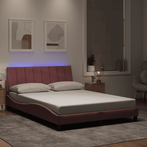 Estrutura de cama de casal moderno com LED - 140x200 cm veludo rosa