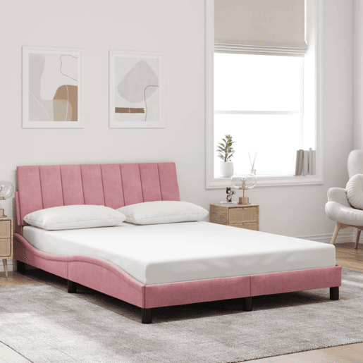 Estrutura de cama de casal moderno com LED - 140x200 cm veludo rosa