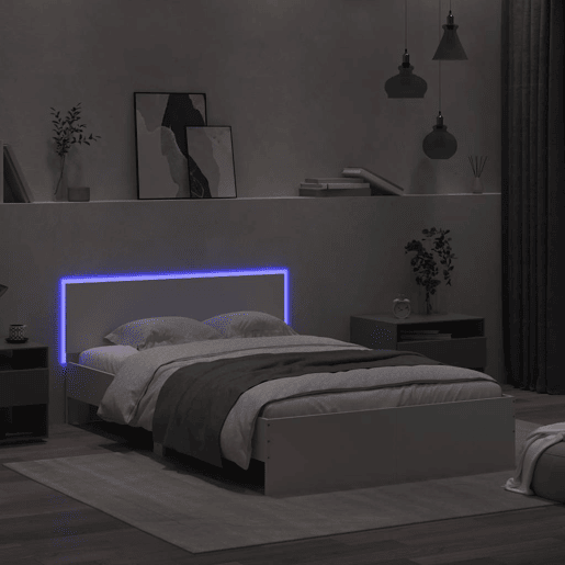 Estrutura de Cama de casal para adultos com cabeceira e luzes LED 140x200 cm branco