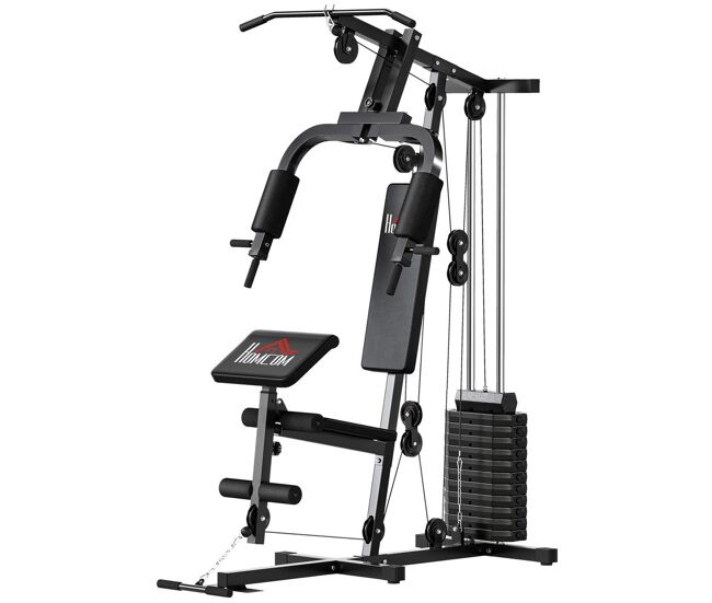 Homcom multiestación musculación, máquina de musculación con prensa de pecho, placas de peso 65 kg, curl de piernas y brazos, polea mariposa, carga 100 kg para entrenamiento casa gimnasio negro
