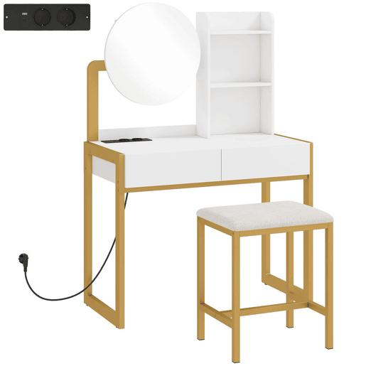 HOMCOM Toucador de Maquilhagem com Espelho e Banco Acolchoado Toucador com Estação de Carregamento 2 Gavetas 3 Prateleiras Abertas Porta USB Estrutura Metálica para Quarto Branco