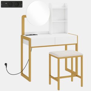 HOMCOM Toucador de Maquilhagem com Espelho e Banco Acolchoado Toucador com Estação de Carregamento 2 Gavetas 3 Prateleiras Abertas Porta USB Estrutura Metálica para Quarto Branco