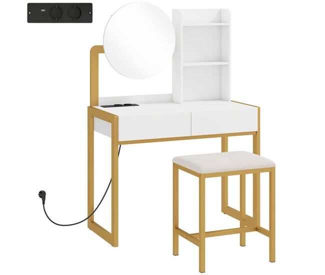 Homcom tocador de maquillaje con espejo y taburete acolchado, tocador con estación de carga, 2 cajones, 3 estantes abiertos, puerto usb, estructura