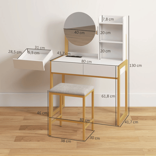 HOMCOM Toucador de Maquilhagem com Espelho e Banco Acolchoado Toucador com Estação de Carregamento 2 Gavetas 3 Prateleiras Abertas Porta USB Estrutura Metálica para Quarto Branco