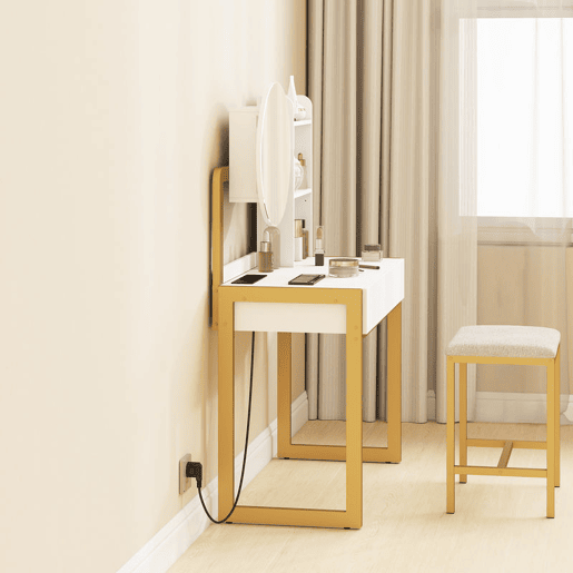 HOMCOM Toucador de Maquilhagem com Espelho e Banco Acolchoado Toucador com Estação de Carregamento 2 Gavetas 3 Prateleiras Abertas Porta USB Estrutura Metálica para Quarto Branco