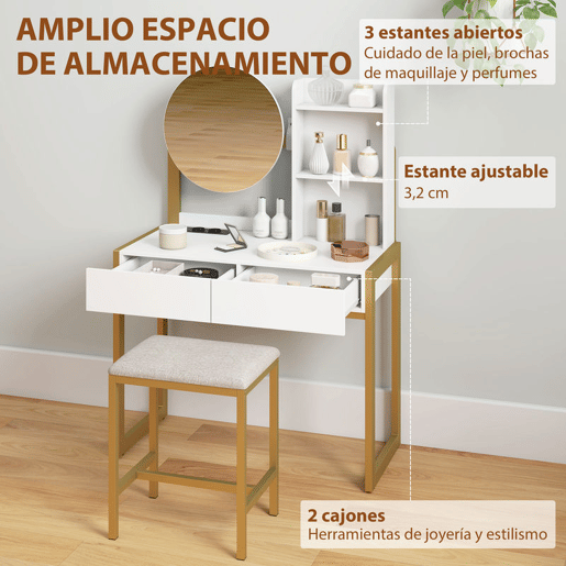 HOMCOM Toucador de Maquilhagem com Espelho e Banco Acolchoado Toucador com Estação de Carregamento 2 Gavetas 3 Prateleiras Abertas Porta USB Estrutura Metálica para Quarto Branco