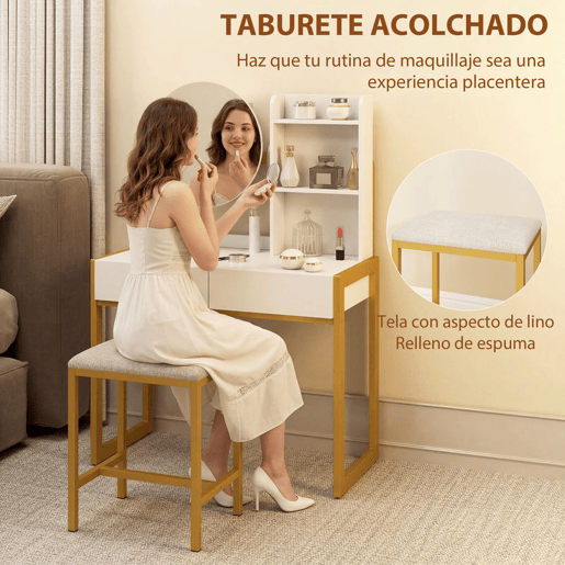 HOMCOM Toucador de Maquilhagem com Espelho e Banco Acolchoado Toucador com Estação de Carregamento 2 Gavetas 3 Prateleiras Abertas Porta USB Estrutura Metálica para Quarto Branco