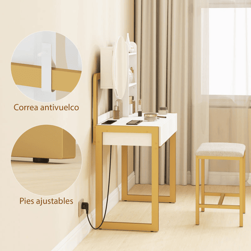 HOMCOM Toucador de Maquilhagem com Espelho e Banco Acolchoado Toucador com Estação de Carregamento 2 Gavetas 3 Prateleiras Abertas Porta USB Estrutura Metálica para Quarto Branco