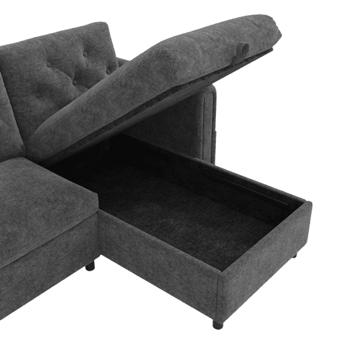 Sofá moderno de veludo 281x86x71 cm - Com arrumação, braço com bolsos, encosto com botões - Cinza