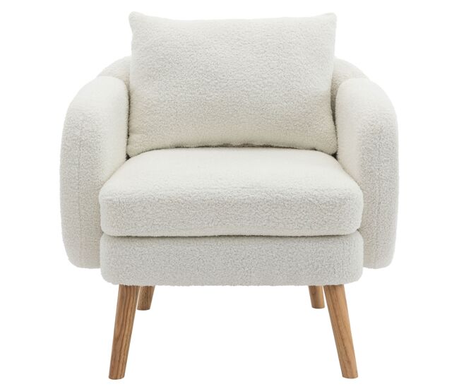 Sillón de felpa con cojín grueso - patas de madera maciza - blanco