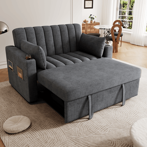 Sofá multifuncional moderno de 2 lugares - Sofá-cama com encosto ajustável, porta-copos e almofadas - Cinza