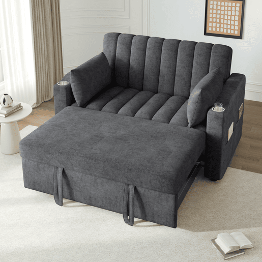 Sofá multifuncional moderno de 2 lugares - Sofá-cama com encosto ajustável, porta-copos e almofadas - Cinza