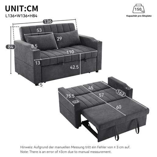 Sofá multifuncional moderno de 2 lugares - Sofá-cama com encosto ajustável, porta-copos e almofadas - Cinza