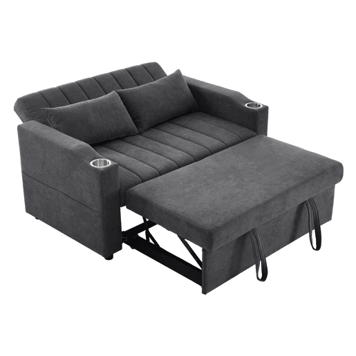Sofá multifuncional moderno de 2 lugares - Sofá-cama com encosto ajustável, porta-copos e almofadas - Cinza