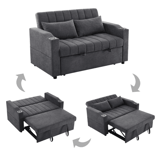 Sofá multifuncional moderno de 2 lugares - Sofá-cama com encosto ajustável, porta-copos e almofadas - Cinza