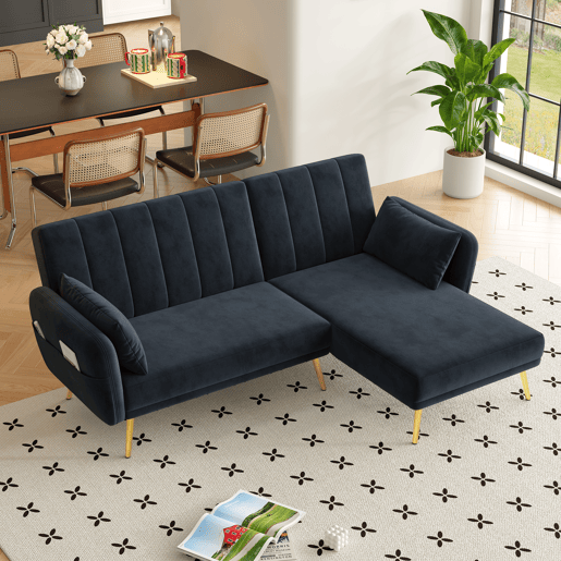 Sofá-cama moderno de 3 lugares - Sofá de canto L com função de cama - Preto