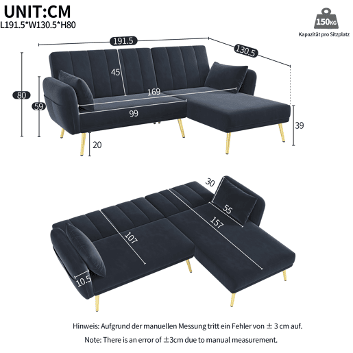 Sofá-cama moderno de 3 lugares - Sofá de canto L com função de cama - Preto