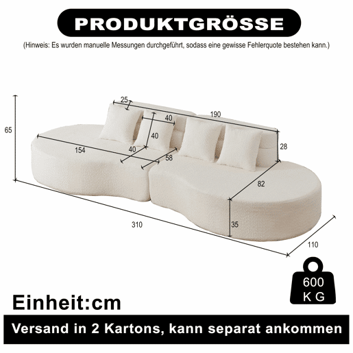 Sofá modular de 4 lugares - 2 peças, espuma viscoelástica, capa em tecido teddy removível e lavável, design moderno e minimalista - bege