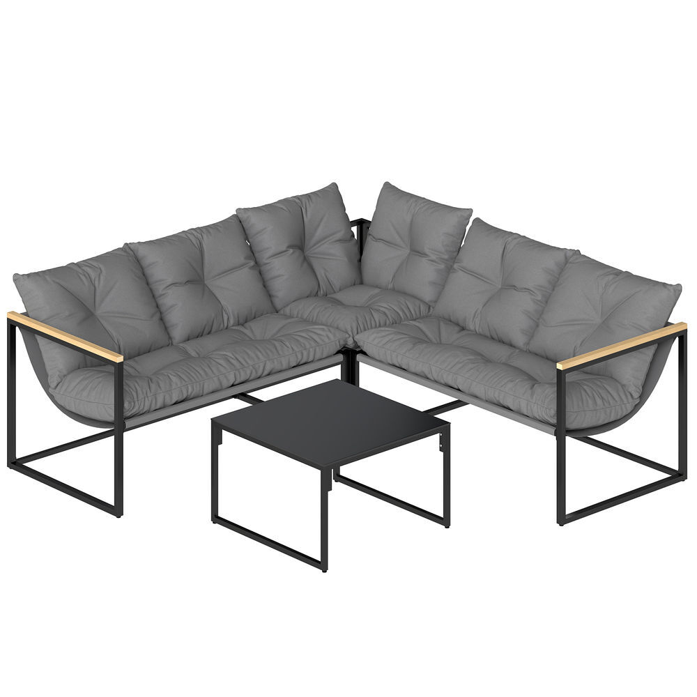 Outsunny conjunto de muebles jardín exterior de 4 piezas, sofá exterior seccional resistente forma de l con cojines gruesos, 2 sofás de 2 plazas, sofá de esquina y mesa centro de vidrio templado, gris