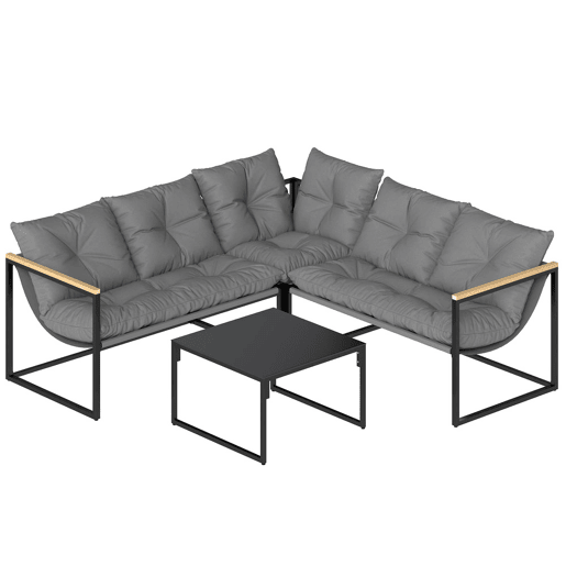 Outsunny Conjunto de Móveis de Jardim Exterior de 4 Peças, Sofá de Exterior Seccional Resistente em Forma de L com Almofadas Espessas, 2 Sofás de 2 Lugares, Sofá de Canto e Mesa de Centro com Vidro Temperado, Cinzento