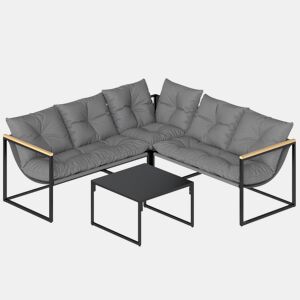 Outsunny Conjunto de Móveis de Jardim Exterior de 4 Peças, Sofá de Exterior Seccional Resistente em Forma de L com Almofadas Espessas, 2 Sofás de 2 Lugares, Sofá de Canto e Mesa de Centro com Vidro Temperado, Cinzento