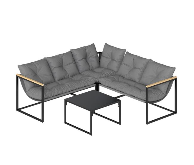 Outsunny conjunto de muebles jardín exterior de 4 piezas, sofá exterior seccional resistente forma de l con cojines gruesos, 2 sofás de 2 plazas, sofá de esquina y mesa centro de vidrio templado, gris