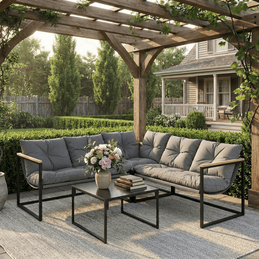 Outsunny Conjunto de Móveis de Jardim Exterior de 4 Peças, Sofá de Exterior Seccional Resistente em Forma de L com Almofadas Espessas, 2 Sofás de 2 Lugares, Sofá de Canto e Mesa de Centro com Vidro Temperado, Cinzento
