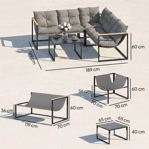 Outsunny Conjunto de Móveis de Jardim Exterior de 4 Peças, Sofá de Exterior Seccional Resistente em Forma de L com Almofadas Espessas, 2 Sofás de 2 Lugares, Sofá de Canto e Mesa de Centro com Vidro Temperado, Cinzento