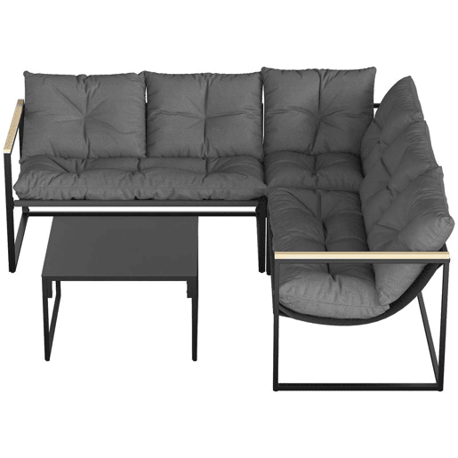 Outsunny Conjunto de Móveis de Jardim Exterior de 4 Peças, Sofá de Exterior Seccional Resistente em Forma de L com Almofadas Espessas, 2 Sofás de 2 Lugares, Sofá de Canto e Mesa de Centro com Vidro Temperado, Cinzento