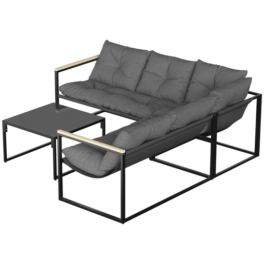 Outsunny Conjunto de Móveis de Jardim Exterior de 4 Peças, Sofá de Exterior Seccional Resistente em Forma de L com Almofadas Espessas, 2 Sofás de 2 Lugares, Sofá de Canto e Mesa de Centro com Vidro Temperado, Cinzento