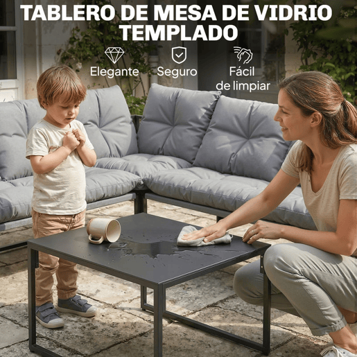 Outsunny Conjunto de Móveis de Jardim Exterior de 4 Peças, Sofá de Exterior Seccional Resistente em Forma de L com Almofadas Espessas, 2 Sofás de 2 Lugares, Sofá de Canto e Mesa de Centro com Vidro Temperado, Cinzento