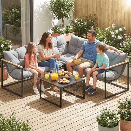 Outsunny Conjunto de Móveis de Jardim Exterior de 4 Peças, Sofá de Exterior Seccional Resistente em Forma de L com Almofadas Espessas, 2 Sofás de 2 Lugares, Sofá de Canto e Mesa de Centro com Vidro Temperado, Cinzento