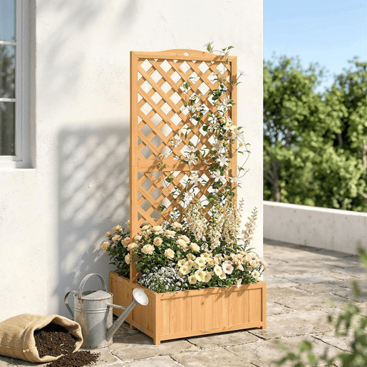 Outsunny Floreira com Treliça de Madeira Floreira Exterior Grande para Plantas Trepadeiras com 2 Caixas Dobráveis Base de Ripas Vaso Elevado para Pátio Terraço 73x70x170 cm Madeira