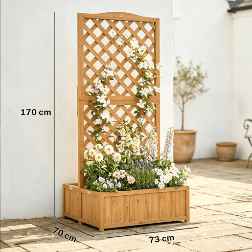Outsunny Floreira com Treliça de Madeira Floreira Exterior Grande para Plantas Trepadeiras com 2 Caixas Dobráveis Base de Ripas Vaso Elevado para Pátio Terraço 73x70x170 cm Madeira