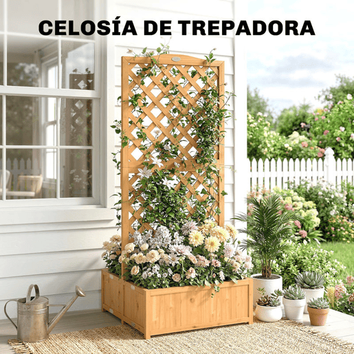 Outsunny Floreira com Treliça de Madeira Floreira Exterior Grande para Plantas Trepadeiras com 2 Caixas Dobráveis Base de Ripas Vaso Elevado para Pátio Terraço 73x70x170 cm Madeira