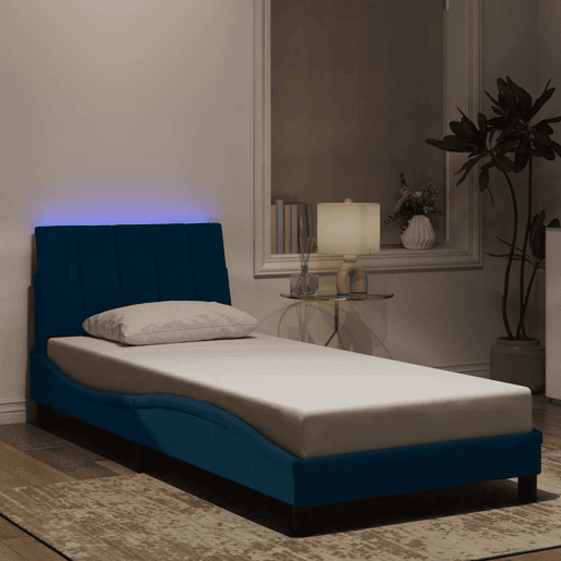 Estrutura de cama de solteiro para adultos com LED 90x190 cm veludo azul