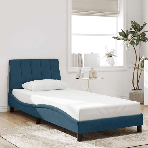 Estrutura de cama de solteiro para adultos com LED 90x190 cm veludo azul