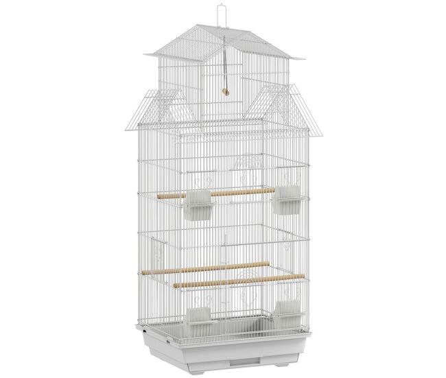 Pawhut jaula para pájaros de acero pajarera con comederos perchas columpio y bandeja extraíble jaula grande para loros canario periquito 50,5x41x104