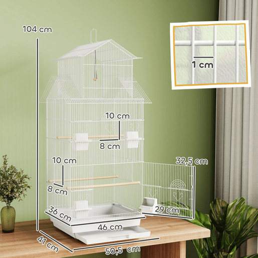 PawHut Gaiola para Pássaros de Aço Gaiola com Comedouros Poleiros Balanço e Bandeja Removível Gaiola Grande para Papagaios Canários Periquitos 50,5x41x104 cm Branco