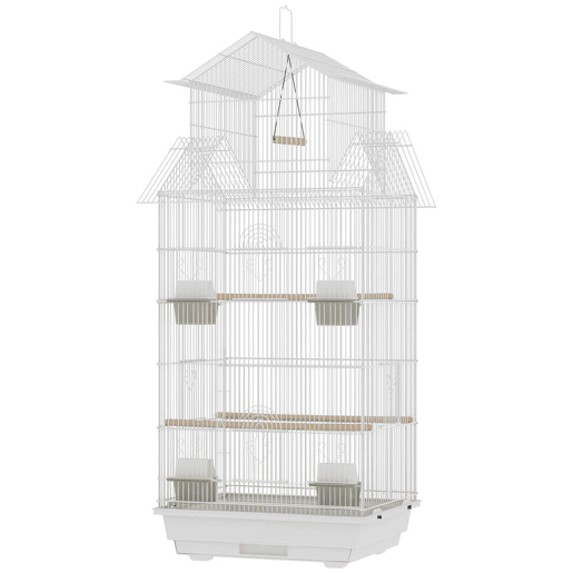 PawHut Gaiola para Pássaros de Aço Gaiola com Comedouros Poleiros Balanço e Bandeja Removível Gaiola Grande para Papagaios Canários Periquitos 50,5x41x104 cm Branco